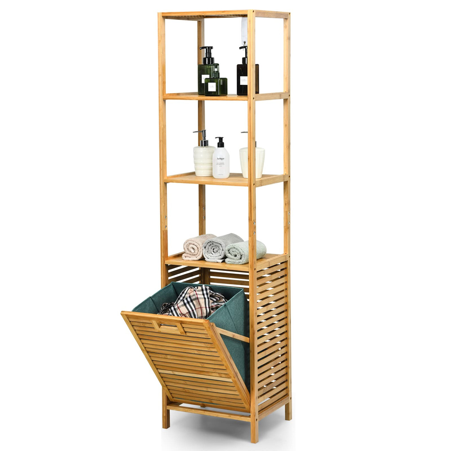 COSTWAY  in  Bathroom Shelf & Laundry Basket, Tall Cabinet for Bathroom  Made of Bamboo with  Shelves, Laundry Cabinet with Removable Laundry Bag &