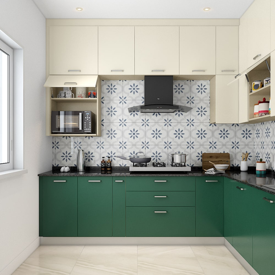 image.title An L-Shaped Kitchen In Forest Green And Frosty White Laminates  image