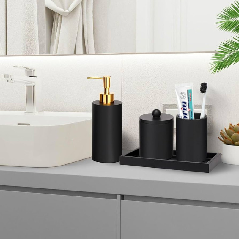 image.title Haturi Bathroom Accessory Set,  Pcs Black Bathroom Accessories Sets  Complete with Soap Dispenser, Toothbrush Holder, Apothecary Jar, Tray, Home   image